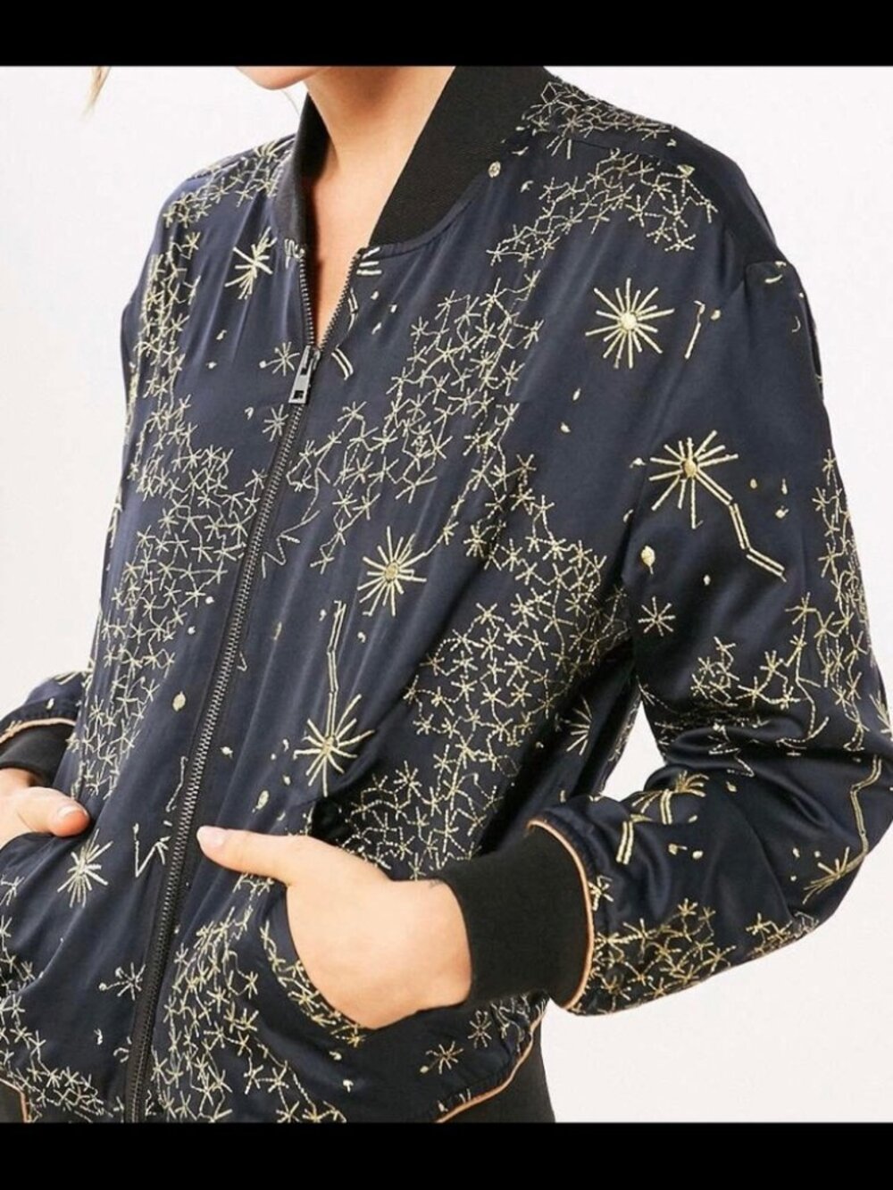 silence + noise Celestial Bomber Jacket, Navy/Gold, Size XS